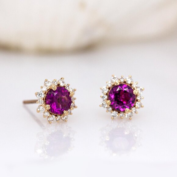 Rhodolite Garnet Stud Earrings in 14K Solid Gold with Natural Diamond Halo - Picture 5 of 8